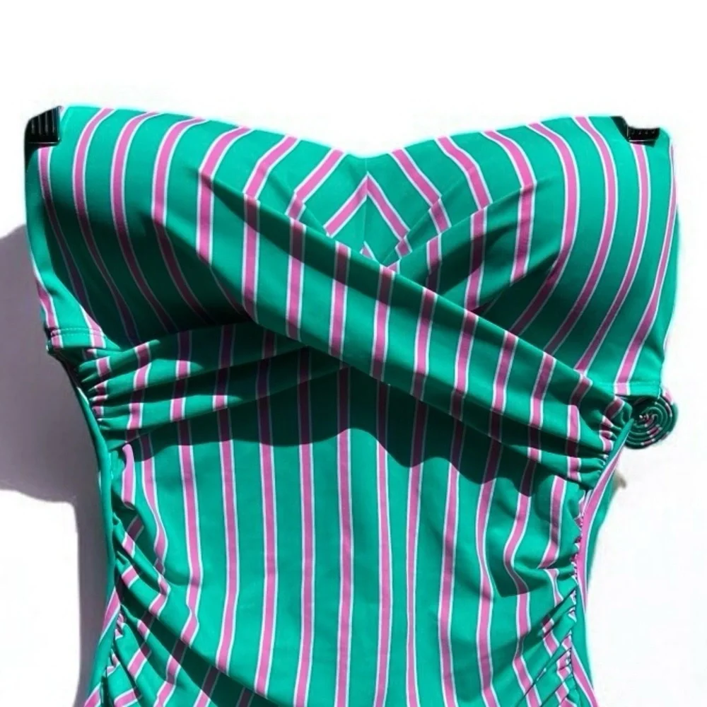 🌻 Draper James Green Pink striped Strapless Swimsuit Size Large